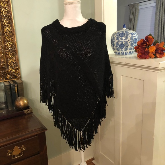 august silk Sweaters - August Silk Black Sweater Poncho Boho Style Fringe